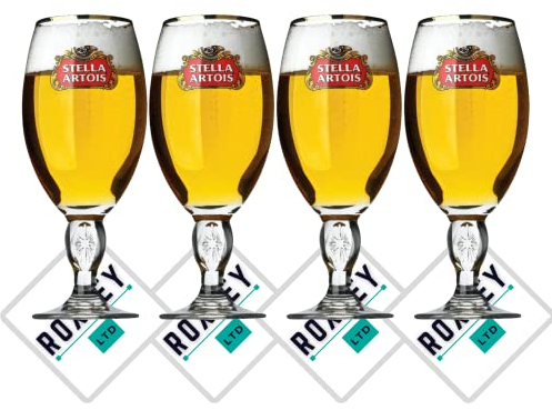 Roxley Stella Artois - Juego de 4 vasos nucleados de media pinta | Lager Beer 28 cl | Fabricado en el Reino Unido + 4 posavasos Stella Beer