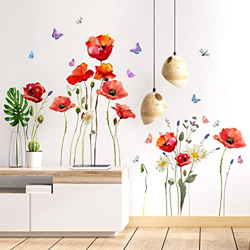 Wandtattoo Mohnblume Blume Rote Wandaufkleber Garten Blumen Schmetterling Wandsticker für Schlafzimmer Wohnzimmer Wanddeko