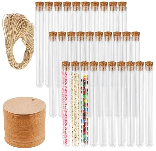 Firschoie 30 Tubo de Ensayo Plástico,15x150mm probetas plastico con corcho, tubo de ensayo Transparente con Cordón de Yute y Etiqueta, para laboratorios, Dulces, cultivo hidropónico de plantas