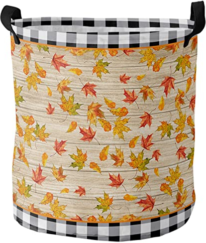 Cesto Para La Colada Tablón De Madera De Hoja De Marple Black Buffalo Check Cestos De Lavandería Plegable Cestos Para La Colada Impermeable Cubo De La Ropa Sucia Para Baño Ropa Sucia,40X50Cm