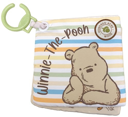 Rainbow Designs Disney Winnie the Pooh Baby Cloth Book - Touch and Feel Play & Go Square Book for Babies - Soft Baby Book with Textured Patches & Squeaky Page - Sensory Development Toys