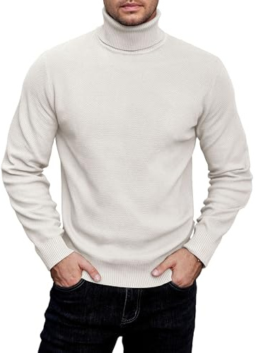 COOFANDY Jersey de cuello alto para hombre, manga larga, jersey de invierno, cuello alto, jersey de corte regular, suéter de negocios, blanco, XL, Blanco, XL
