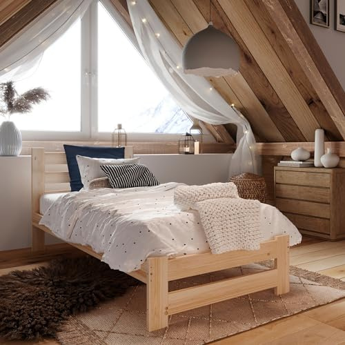 Home Collective Lit en bois 90 x 200 cm avec sommier à lattes, moderne, cadre de lit en pin massif, lit simple, classique, confortable et durable, scandinave, bohème, maison de campagne, tête de lit