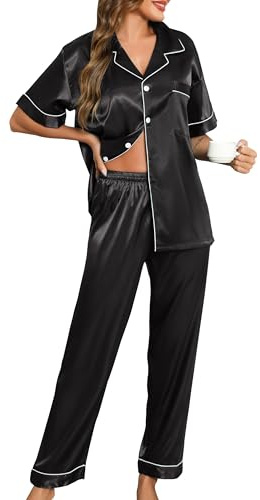 Lovasy Pyjama Satin Femme Short Ensemble Pyjamas Manches Courtes Chemises de Nuit Sexy Chic Ete 2 Pièces Vêtements de Nuit en Soie Boutonnée