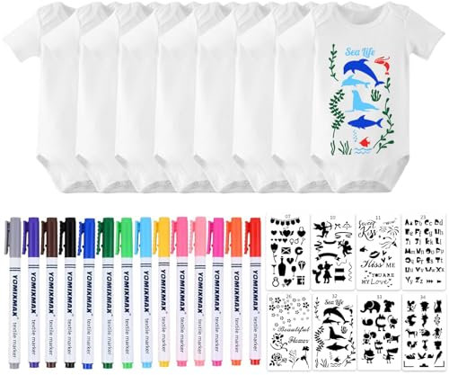 LOEPENLE 8er Set Bemalen Kurzarm Baby Body,Bemalen Babyparty, Baby mit 8 Kurzarmbody mit 8 Kurzarmbody+14 Bunte Textilstift+8 Schablonen für Babyparty Spiele Babyshower Strampler