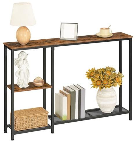 HOOBRO Narrow Console Table, 114 cm Behind Sofa Table with Shelves, Slim Hallway Table with Storage, Hallway Display Shelf, for Living Room, Foyer, Entryway, Rustic Brown and Black EBF86XG01