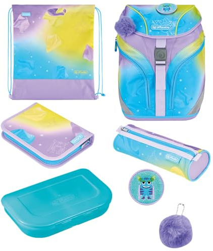 herlitz Schulranzen Set 7-teilig GREENline Little Monster Türkis aus recycelten PET Flaschen 1.Klasse Junge Mädchen Kinder 18 L