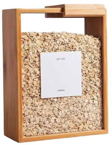 Rice Dispenser with Slide Lid 9x7x3 Inch Transparent Wooden Food Dispenser for Cereal, Grain, Pasta, Powder Storage and Dispensing in Kitchen