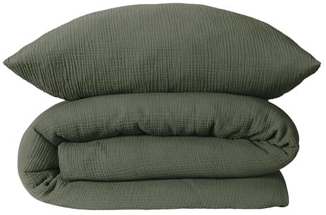 Schiesser Bettwäscheset Molly | 2-teilig | Uni | Musselin | 100% Baumwolle | Oeko-Tex Zertifiziert | Reißverschluss | 135x200cm + 80x80cm | Dunkelgrün