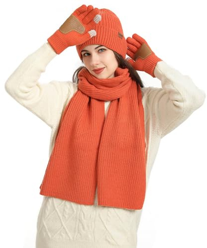 Fayscingo 3 Pieces Women Hat Scarf and Gloves Set Ladies Winter Fleece Lined Beanie Warm Thermal Neck Warmer Touchscreen Gloves