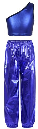 MSemis Completi Sportivi da Danza Moderna Jazz Hip Hop Bambine Ragazze Tute da Ginnastica Ballo di Strada Crop Top Monospalla Paillettes Canotte + Pantaloni con Cintura Blu reale A 11-12 anni