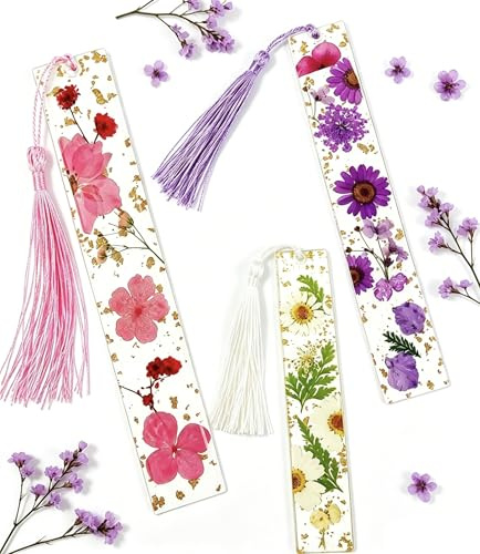 Bookmarks for Women, 3 PCS Acrylic Bookmarks with Tassels, Transparent Page Marker in Pink, Purple and Yellow for Women, Girls and Flower Lovers