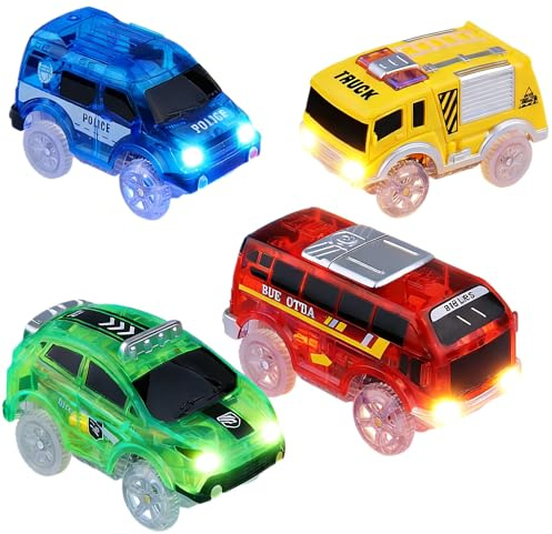 Funmo Racingbilar, barnbilkrets, 3-pack (röd grön racerbil, blå polisbil) med 5 LED-blinkande lampor... (C)