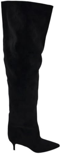 Stivali Slouchy Altissimo in camoscio Nero a Punta con Tacco Basso Kitten Gambale Over Trend (38 EU)
