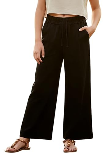 Rolanko Girls Linen Trousers, Elastic Waist Wide Leg Palazzo Lounge Beach Flowy Pants with Pockets, Black, 160, 12-13 Years