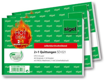 Sigel T1158 Quittungsblock wie SD021: A6 quer, 2x40Blatt, selbstdurchschreibend, 3er Pack