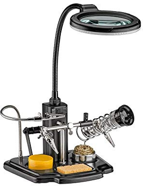 goobay Löthilfe Dritte Hand, mit LED Lupenleuchte & 3 Krokodilklemmen, Lötstation Zubehör inkl. Lötkolbenhalter, für Platinen & Modellbau - 45241