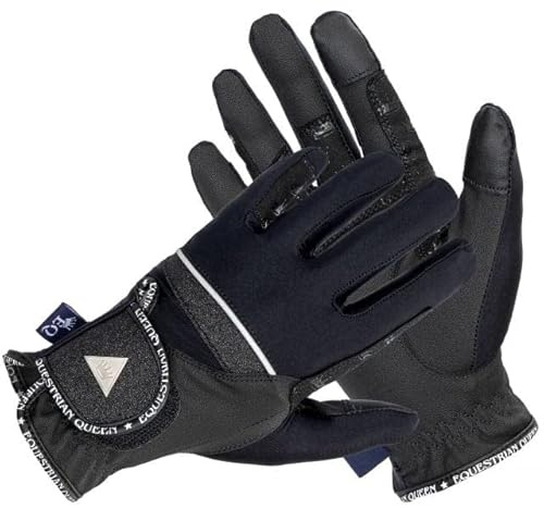 EQUESTRIAN QUEEN Reithandschuhe Damen Touchscreen schwarz mit Glitzer, rutschfest, Silikon Grip, Reithandschuhe Lycra elegant für Reiten, Sommer REIT Handschuhe – Alor (Schwarz, S)