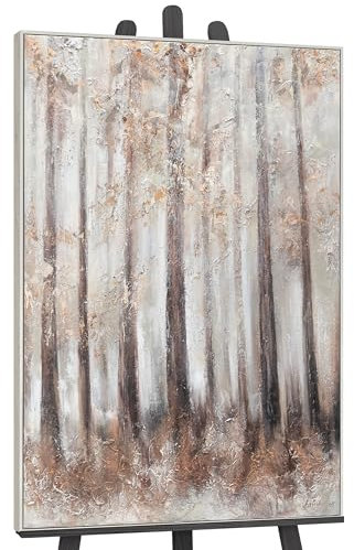 YS Quadro con cornice realizzato a mano Pittura acrilica su tela Mattina nella foresta Arte murale paesaggio nei toni del grigio-marrone 140x100 cm