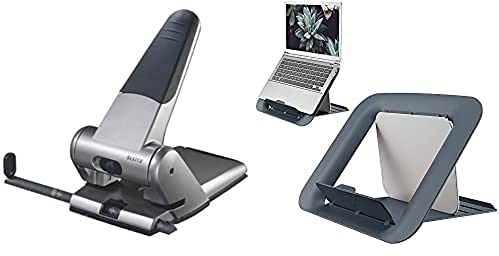 Leitz Extrastarker Registraturlocher aus Metall, Für 65 Blatt, Großer Locher für das Büro, Anschlagschiene mit Formatangaben, Ergonomisches Design, schwarz, 51800084 + Höhenverstellbarer Laptopständer