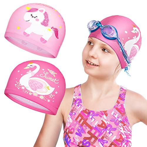Geyoga 2 Pieces Swim Cap for Kids Waterproof Swimming Hat Swimming Caps Unisex Bathing Caps for Long and Short Hair Swimming Cap for Boys and Girls Children (Rose Red, Pink, Cute Pattern)