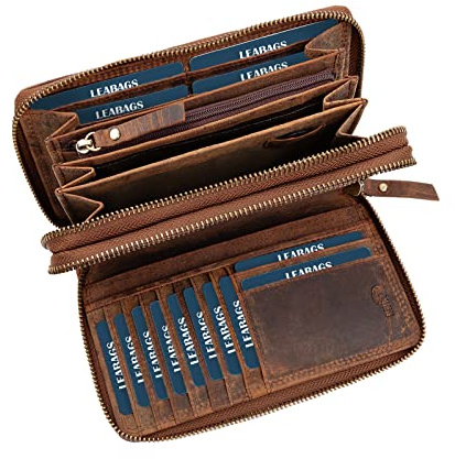 LEABAGS Leder Geldbörse Damen - Portemonnaie Gross mit RFID Schutz, Echtleder XXL Geldbeutel Damen Groß, 29 Kartenfächer Portmonee mit Münzfach, Doppelter Reißverschluss（Vintage Dunkelbraun）