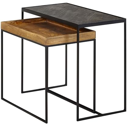 Wohnling Wohnzimmertisch 2er Set Mango Massivholz/Stein-Optik Beistelltisch Eckig, Design Beistelltisch Industrial, Sofatisch Couchtisch Rechteckig, Tischset 2-teilig Satztisch