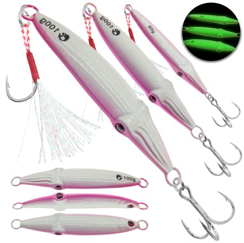 FREGITO Fishing Jigs Vertical Saltwater Jigs Vertical Jigging Spoon Fishing Tuna Lures Boat Fishing Artificial Lures for Tuna, Grouper, Dogtooth, Snapper, Bass, Salmon 3pcs-(1pcs80g+2pcs100g)