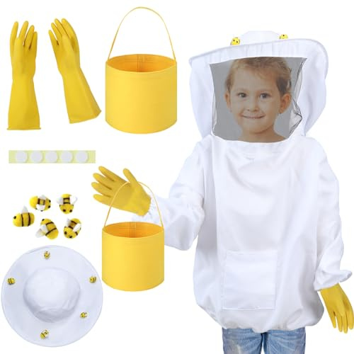 Jiuguva Das 13-teilige Imker-Set beinhaltet 1 Imkerjacke, 5 Wollfilz-Bienen, 5 rundes doppelseitiges Klebeband, 1 Imkerhandschuhe, 1 Filzeimer für Kinder, Imkerbedarf, Halloween (mittel)