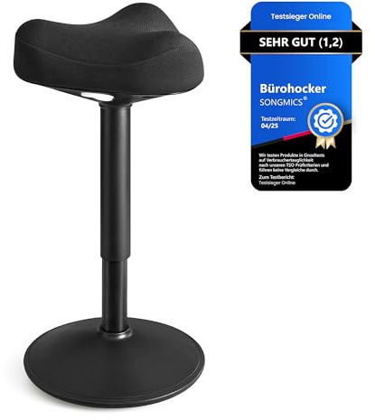 SONGMICS Tabouret Dynamique, Tabouret Assis-Debout, Siège Bascule à 360°, Hauteur Réglable 58-83 cm, Large Socle, avec Patin Antidérapant, Style Moderne, Noir OSC008B01