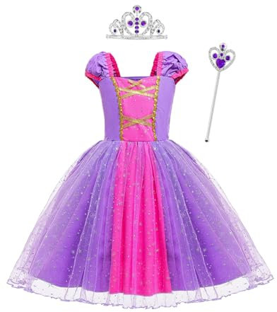 Clundoo Costume Enfant Fille, Costume Princesse Raiponce avec Baguette et Couronne, Tulle Maxi Noël Carnaval Cosplay Robe de Soirée 110cm
