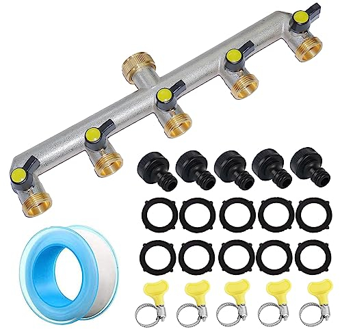 RoseFlower Garden Hose Splitter 5 Way Heavy Duty, Solid Brass Outdoor Faucet Splitter Hose Connector Water Tap Distributor Hose Adapter with Individual On-Off Valve, 10 Rubber Washer, 1 Leakproof Tape