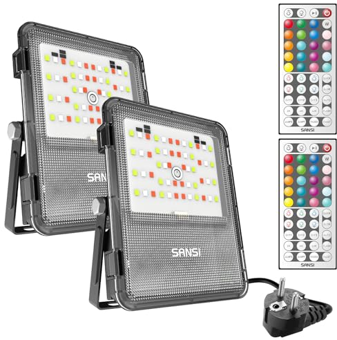 SANSI Foco LED RGB, 10W Proyector LED RGB Exterior IP66 Impermeable con Control Remoto, Temporización, 16 Colores, 6 Modos de Trabajo para Jardín Paisaje Patio Terraza - 2 Unidades