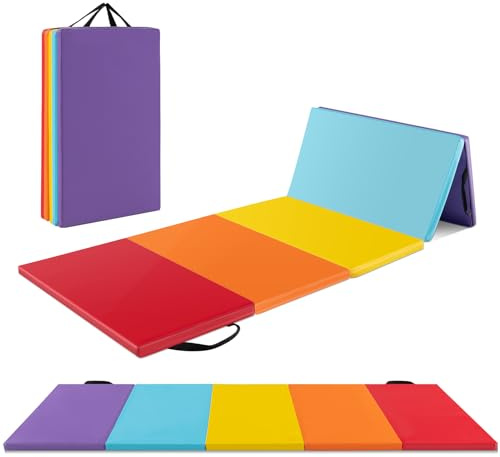 GOPLUS Tapis de Gymnastique 5 Panneaux Pliable, Attaches Auto-agrippante, Tapis de Gym en Cuir PU avec Poignée de Transport, pour Etirements, Yoga, Arts Martiaux, 201 x 75 x 3cm