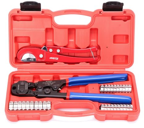 iCrimp Ratchet PEX Cinch Tool with Removing Function for 3/8-in, 1/2-in, 3/4-in, 1-in Stainless Steel Clamp, PEX Crimper with 20PCS 1/2-in, 10PCS 3/4-in PEX Clamps and Pipe Cutter- All in One
