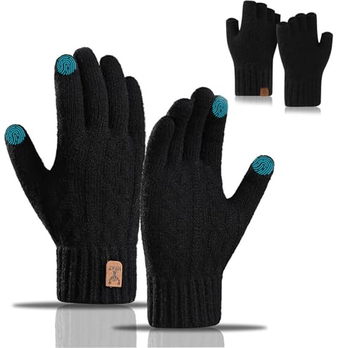 FOSDICK 2 Paires Gants Hiver Homme Femme, Épaissi Tricotés Gants Tactiles, Gants Laine Homme, Gants Polaire Homme, Noire Gant Thermique Anti Froid pour Sports De Plein Air, Marche, Escalade, Travail