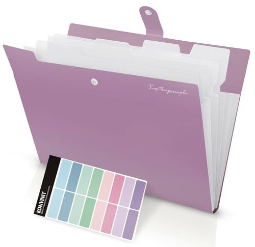 KONVINIT A4 File Organiser - 5 Pockets Expanding File Folder Document Organiser High Capacity Portable Expandable Folder Paper Work Organizer Folder for School and Office,Purple