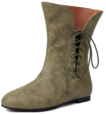 Femmes Vintage Plats Bottes Courtes Dentellets COS Medieval Hommes Faux Cuir Souple gothique Chaussures Witch Costume Pirate Viking Tied Chaussures Renaissance Plat Victorian Bottes Green Size 37