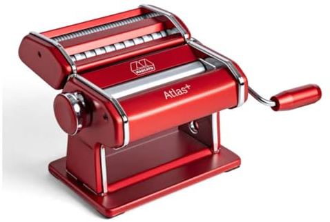 Marcato Made in Italy Atlas+Pasta Machine, Red. Chrome Plated Steel & Aluminum Rollers, Double Cutter for Lasagna, Fettuccine & Spaghetti; Durable Manual Pasta Maker for Homemade Pasta