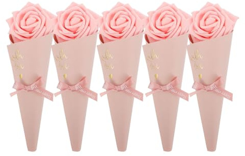 GARIOUANS Sacchetti per Dolci a Cono Rosa 5 Pezzi in Carta Fiore in Foam e Nastro Elegante e Delicato per Confezioni Bomboniere Matrimonio Salvaspazio