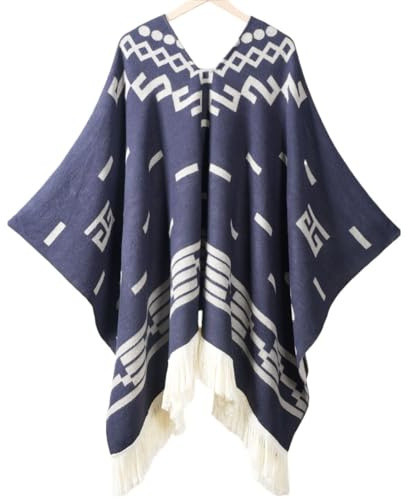 Poncho De Lana De Alpaca De Primera Calidad, Jersey De Vaquero Occidental De Estilo Étnico, Capa De Suéter Unisex Suave Cálida Y Duradera(Navy blue)