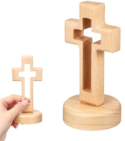 Stående Jesus kors, 12 x 6,5 cm träkors med bas, Zelkova-kors vägg, väggkors, religiös present för bordsdekoration, rumsdekoration, påskgåva (brun)