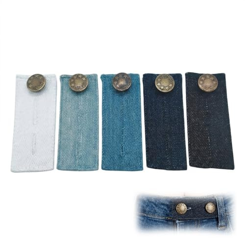 iohsxae 5 Pcs Jeans Waist Extenders, Denim Button Extender for Trousers & Skirts, Adjustable No-Sew Waistband Expander for Men, Women & Maternity Wardrobe (Black, Dark Blue, Blue, Light Blue, White)