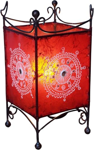 Guru-Shop Lampada All`henné - Lampada da Tavolo in Pelle/lampada da Tavolo Madras, Rosso, Colore: Rosso, 25x12x12 cm, Lampade da Tavolo Orientali