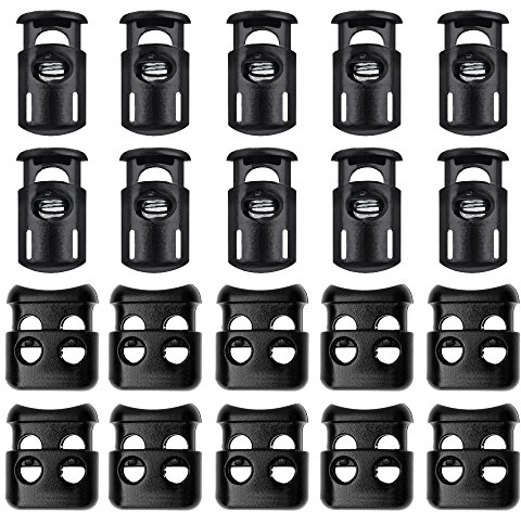 FineGood Lot de 20 écluses en Plastique pour Cordons, Butée à Bascule à Ressort Fin, 10 pièces, Trou Double, 10 pièces, Noir