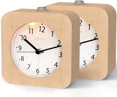 aboveClock Reloj Despertador analógico de Madera, Reloj Despertador Cuadrado con repetición de Alarma, Funciona con Pilas, sin Tic-TAC, luz Nocturna, Despierta Suavemente【2 Packs】