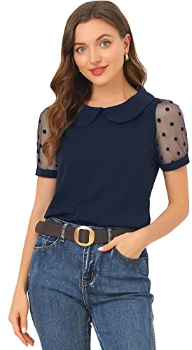 Allegra K Women's Peter Pan Collar Shirt 1950s Polka Dot Mesh Sleeve Blouse | Peter Pan Collar Shirt Women, Contrast Color Top, Polka Dots, Sheer Sleeve, Button Cuff, Keyhole Back