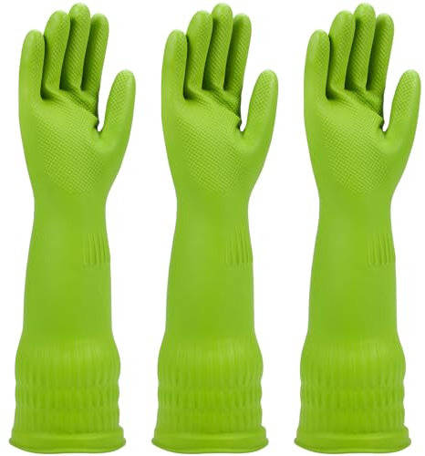 Gummi-Spülhandschuhe, 3 Paar für die Küche, Reinigung von Geschirrhandschuhen, lang für den Haushalt, wiederverwendbar, langlebig. (Medium, Grün)