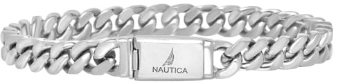 Nautica Curb Link Chain Stainless Steel Bracelet for Men 7 mm Wide ID Bar Clasp Sailboat Logo 7 Inches Long