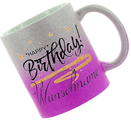 Crealuxe Glitzertasse (Silber-Purple) 'Happy Birthday Wunschname' personaliert, Kaffeetasse, Bürotasse